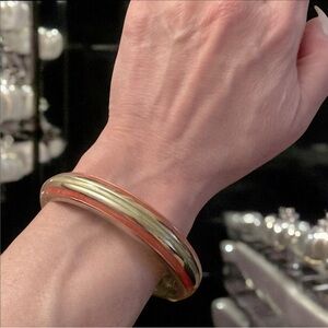 Stripe hinge  bangle, enamel burnt orange & olive colors in gold tone finish